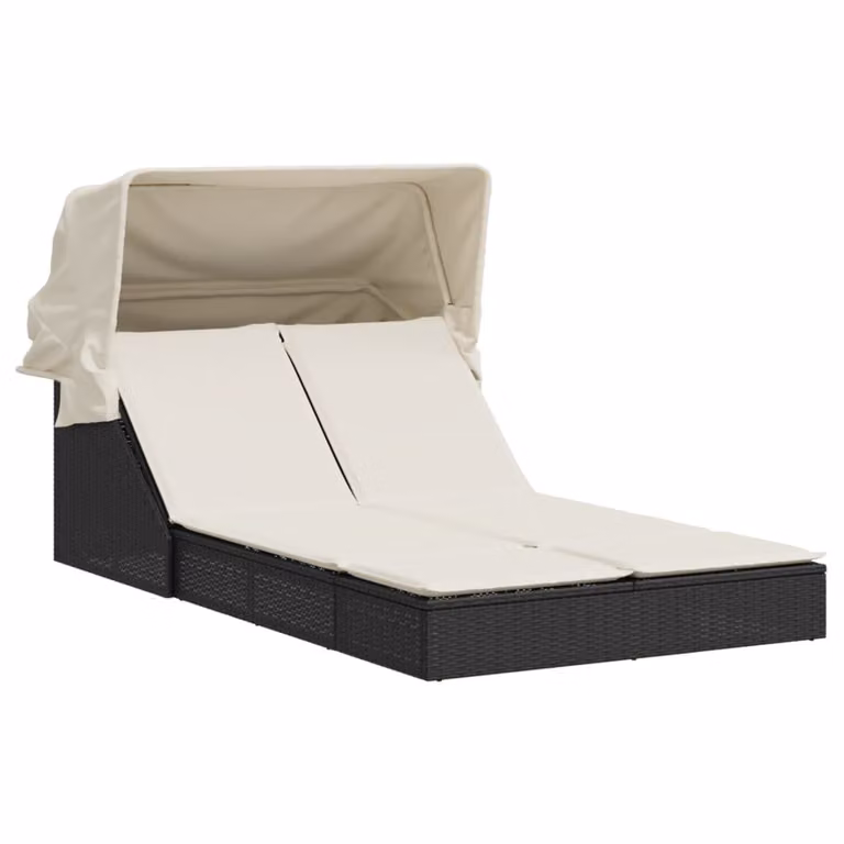 vidaXL Dubbele ligbed met zonnedak en kussens, zwart, polyrotan