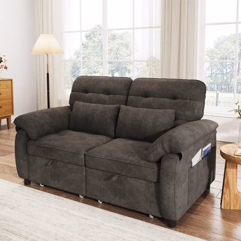 HAUSS SPOLE Slaapbank - 3 in 1 Uitschuifbare 2 Zitsbank met Verstelbare Rugleuning en Bedfunctie - Chenille Grijs - met USB en Type C