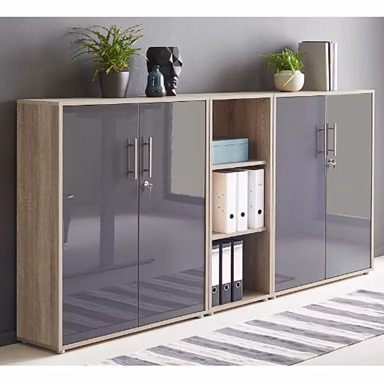 home24 Kastenset 3-delig, Bruin/Sonoma eikenhout en Antraciet Hoogglans, Breedte: 114 cm
