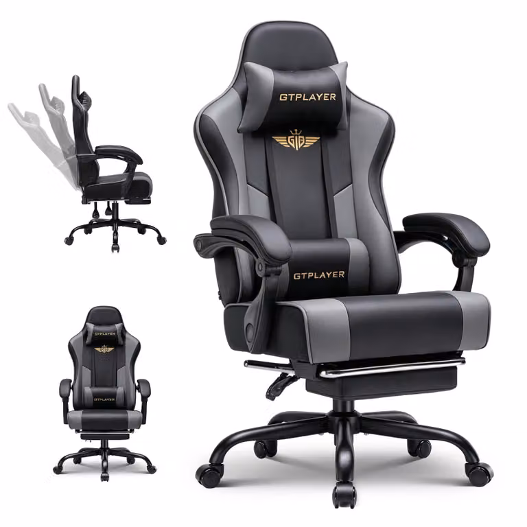 GTPLAYER Gaming Stoel - Ergonomische Gamer Stoel met Voetsteun, Hoofdsteun en Lendensteun - Grijs