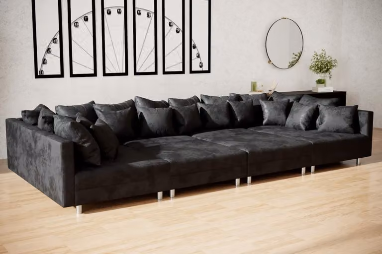 Hoekbank Denver XXL Vintage Zwart met 2 Poefs en Slaapfunctie