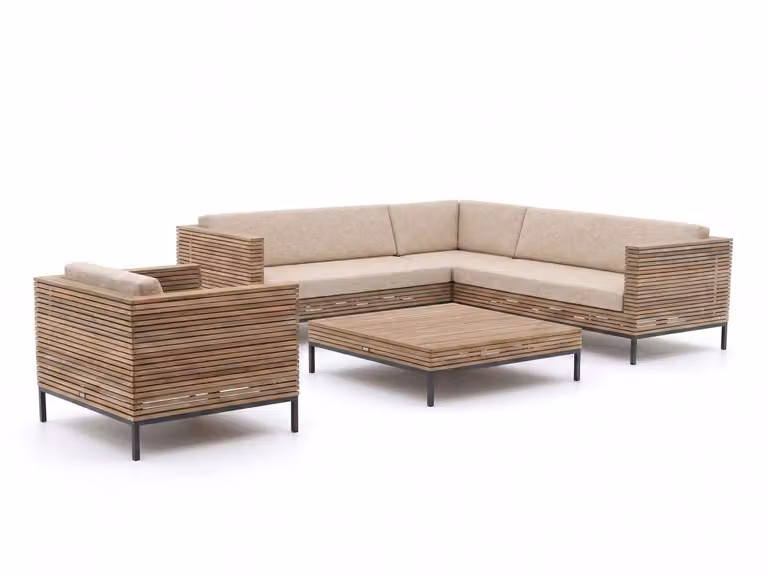 Hoek loungeset ROUGH van ROUGH Furniture voor 6 personen in Old Teak Greywash met aluminium frame en stoffen kussens