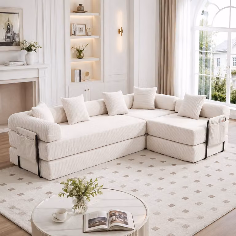 DESMIU Hoekbank 4-Zits - Modulaire Opbergbank met Slaapfunctie en Zijvak - Corduroy Beige