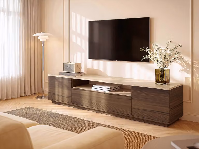 LOTULA Tv-meubel met 3 deuren en 1 open vak in donker natuurlijk en beige travertijn effect