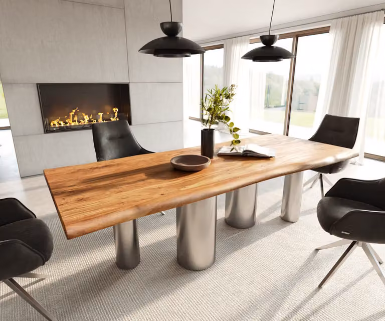 DELIFE Eetkamertafel Edge met Live-Edge Acacia Hout en Roestvrij Stalen Pilaren, Bruin/Zilver, B/D/H: 240 x 100 x 72,5 cm