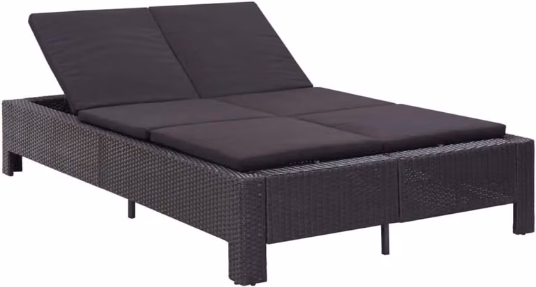 Zonnelstoel voor 2 personen met kussen, zwart polyrotan, geschikt voor tuin, balkon of terras
