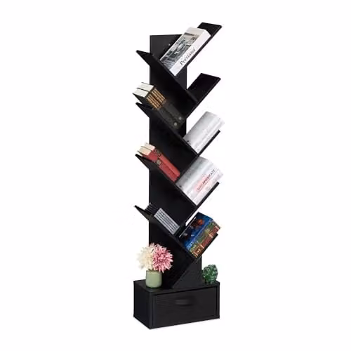 Relaxdays Boekenkast in boomvorm met 9 vakken, zwart, H 146 x B 38 x D 22 cm