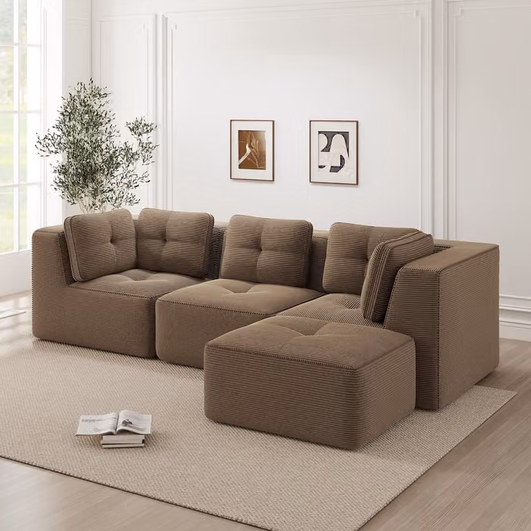 REDOM Modulaire 3-Zits L-vorm Hoekbank met Slaapfunctie – Bruin – Ribstof – B: 297 cm, D: 177 cm, H: 69 cm