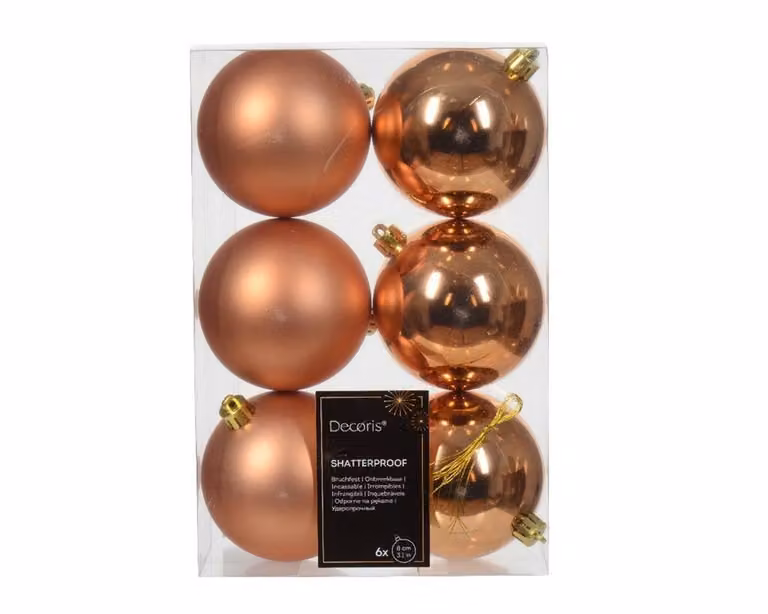 Decoris Set van 6 onbreekbare kerstballen in rood koper, diameter 8 cm