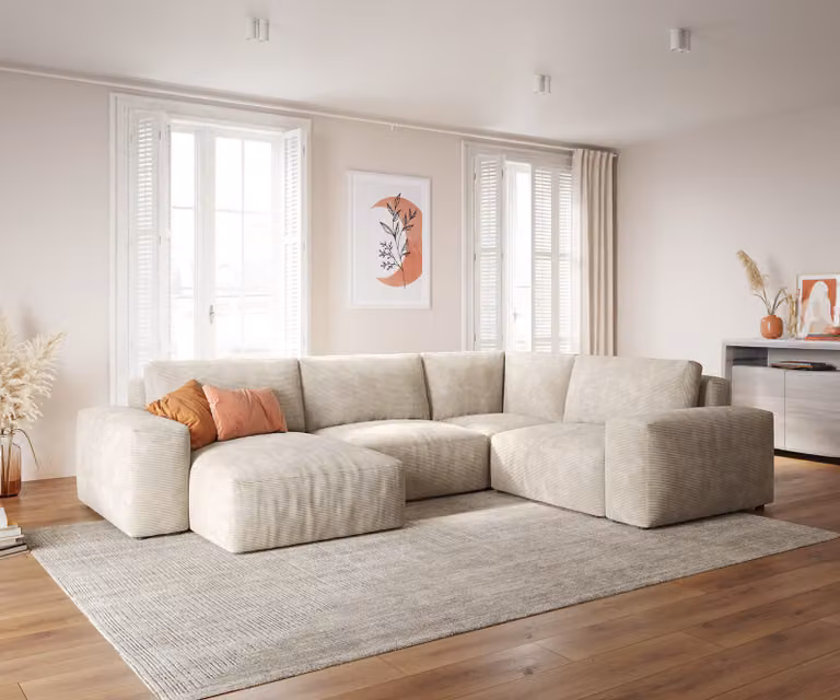 DELIFE Woonlandschap Lanzo hoekbank met variabele recamière, beige ribcord, B: 303 cm, D: 210 cm, H: 70 cm