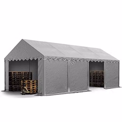TOOLPORT Opslagtent 4x8 m grijs met PVC-zeil en grondframe, waterdicht en 800 N sterk
