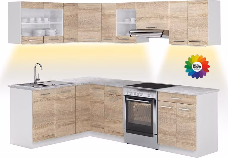 Vicco R-Line Sonoma/Wit Hoekkeuken met Marmeren Werkblad en LED-strip, Model 51948, B/D/H: 247 x 167 cm
