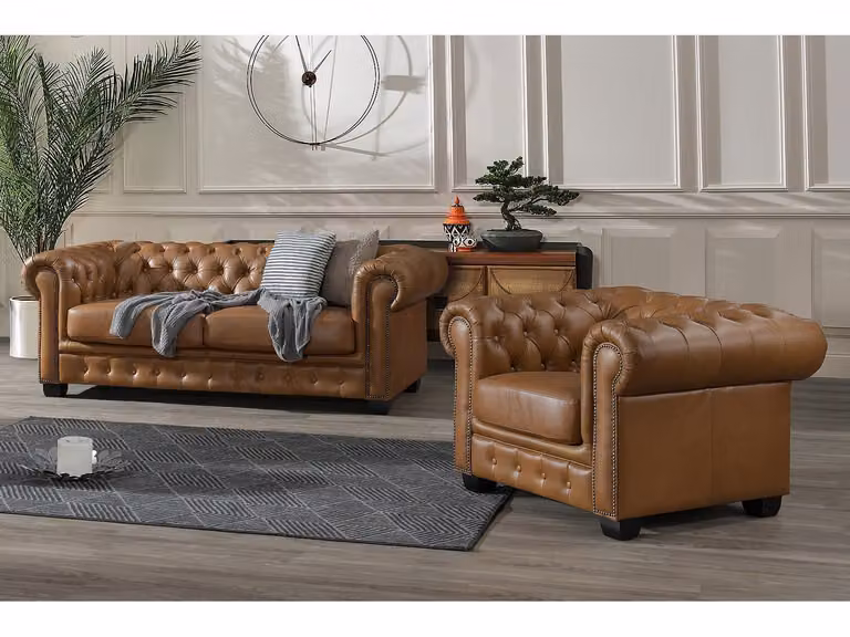 BRENTON Chesterfield zitbank en fauteuil set van 3 + 1 plaatsen in vintage caramel bruin met 100% buffelleer