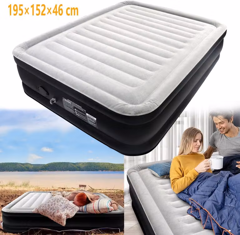 Zelfopblaasbaar luchtmatras voor 2 personen met ingebouwde elektrische pomp, zwart/grijs, B/D/H: 195 x 152 x 46 cm