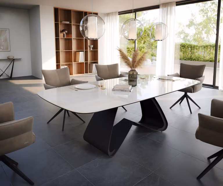 DELIFE Eettafel Edge Boot Onyx Champagne Keramiek met Zwart Metalen W-onderstel B: 240 cm, D: 120 cm