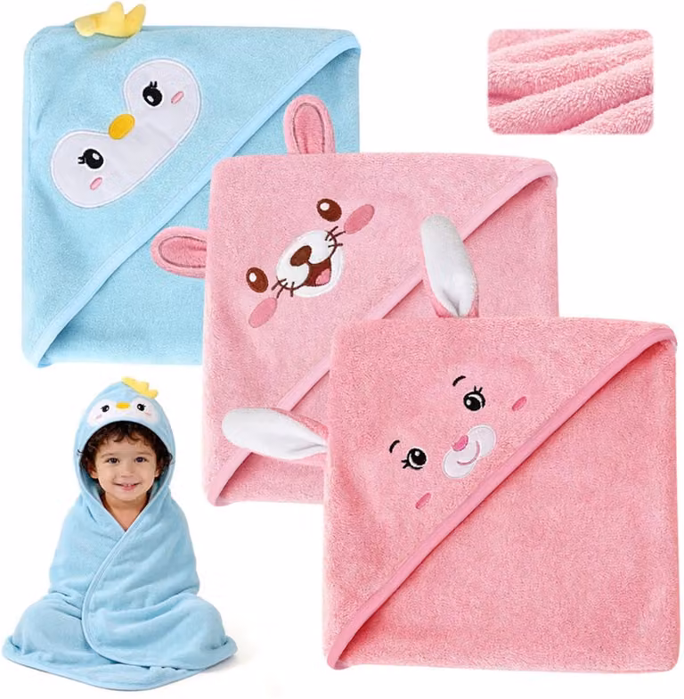 Set van 3 Babybadhanddoeken met capuchon en cartoonmotief, 80 x 80 cm