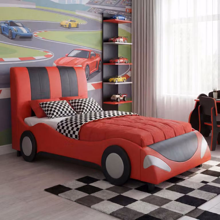 Mendler Kinderbed en Tienerbed HWC-E14 met Lattenbodem, Kunstleer en Hout, Zwart-Rood, B/D/H: 190 x 100 cm