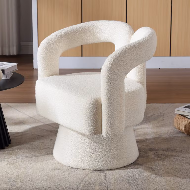 360 graden draaibare ronde fauteuil met brede bekleding in beige voor woonkamer, slaapkamer of kantoor