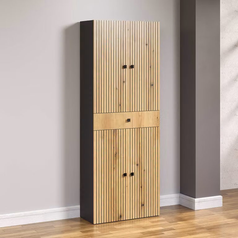 ebuy24 Bliss hoge kast met lade en deuren, eikenhoutlook, bruin/grijs/antraciet, B: 70 cm, D: 31 cm, H: 188 cm