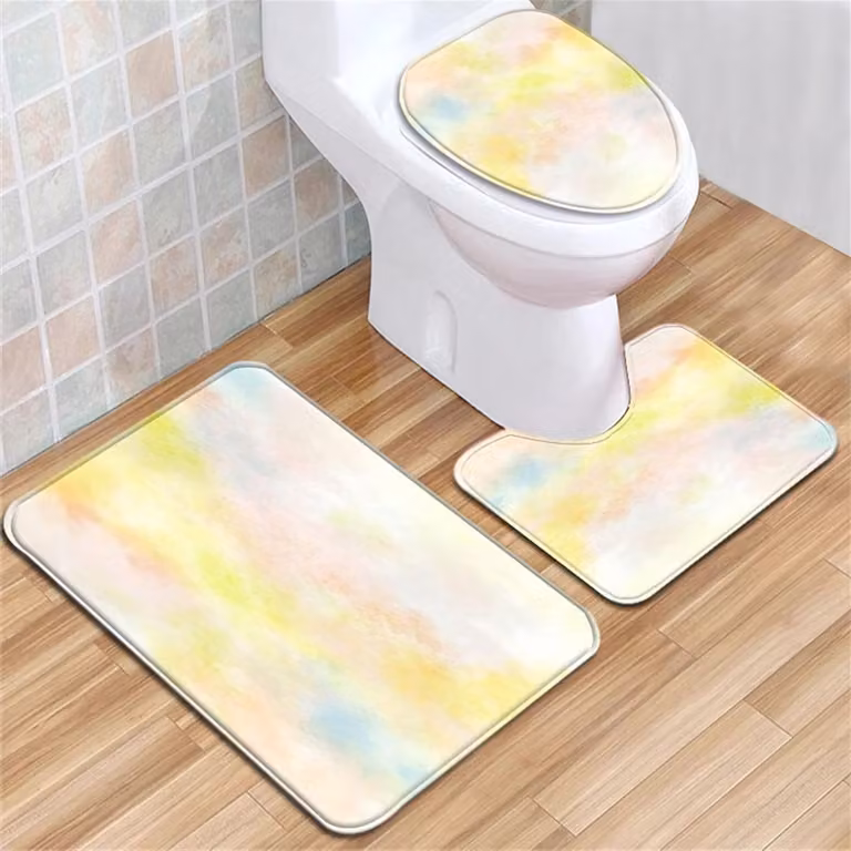 3-delige badkamer set met badmat, toiletdeksel en tie dye print met antislip onderkant