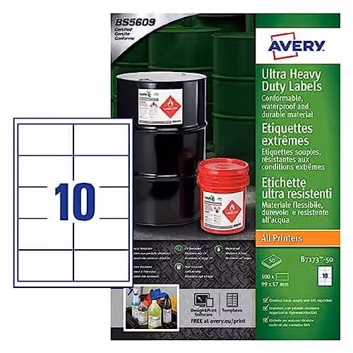 Avery B7173-50 Industriële Waterdichte GHS-etiketten, Wit, 10 stuks per A4-blad