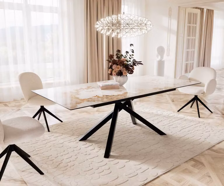 DELIFE Eetkamertafel Edge Keramiek Minas Melange Wit-Beige Zwart met Kruisframe en Butterfly Leaf, Uitschuifbaar, B/D/H: 180-220 x 100 x 75 cm