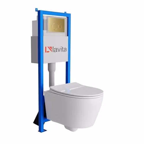 Lavita Complete Toiletset met Praia Hangtoilet en LAV 101 Voorwandelement, Wit, met LAV 200.4.5 Bedieningspaneel in Goud
