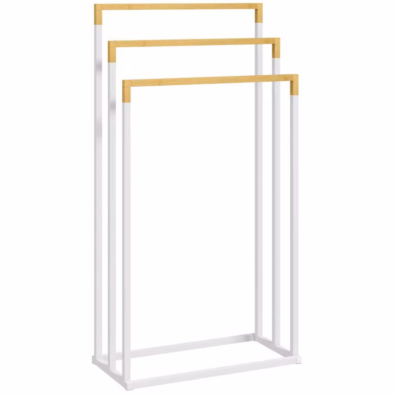 Kleankin Handdoekhouder met 3 stangen, Industrieel ontwerp, Bamboe & Metaal, Vrijstaand, B/D/H: 45 x 22,5 x 86 cm