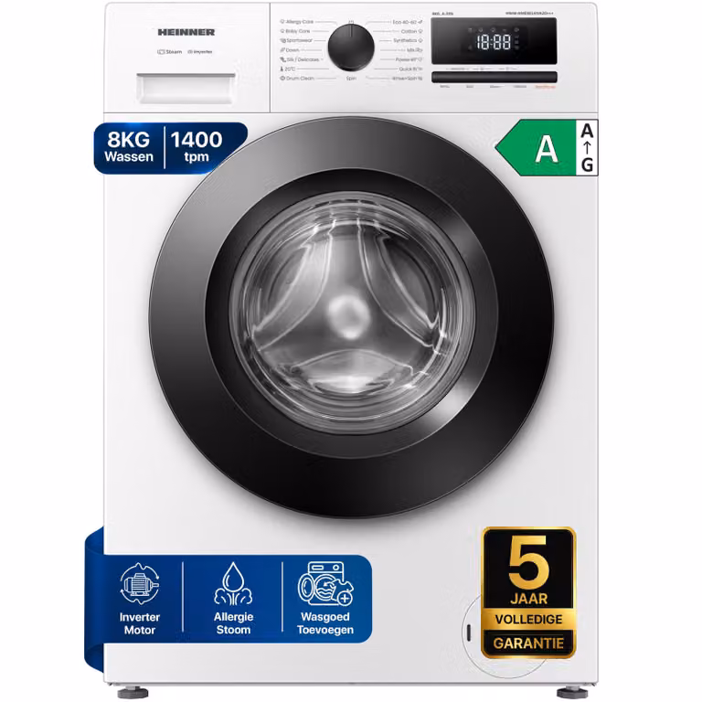 Heinner HWM-HME8014IVA20+++ Voorlader Wasmachine, 8 kg, 1400 tpm, Inverter, Stoom, Allergy Steam, Wit