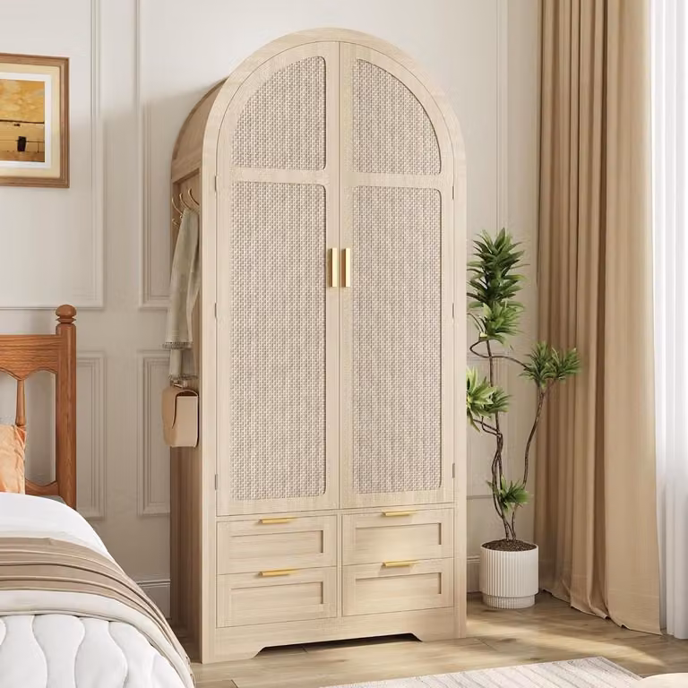 Kledingkast met laden en rotan vlechtwerk deuren voor slaapkamer of woonkamer, B: 80 cm, D: 50 cm, H: 179 cm