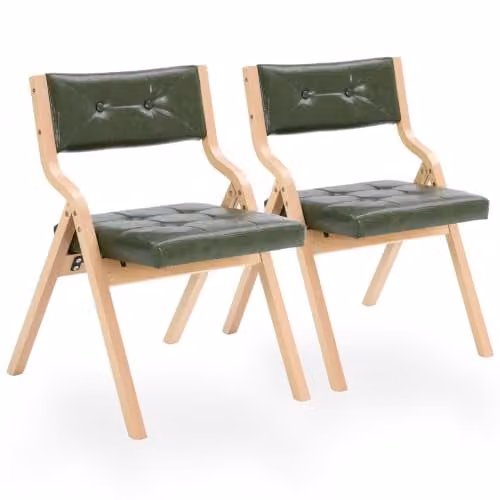 SEEDWAVE Set van 2 opklapbare eetkamerstoelen met kunstlederen bekleding en gebogen houten frame, natuur/olijfgroen