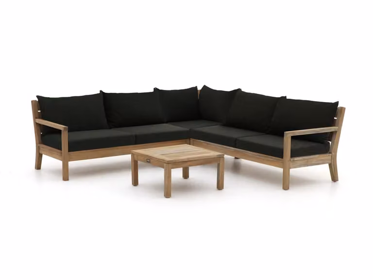 ROUGH Furniture Hoek loungeset voor 5 personen in Natural Teak met bruine kussens