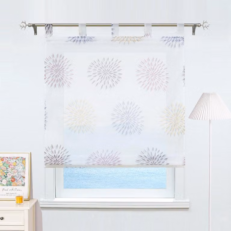 Paars vouwgordijn met lussen en cirkelmotief design, voile keukengordijn, B80 x H140 cm