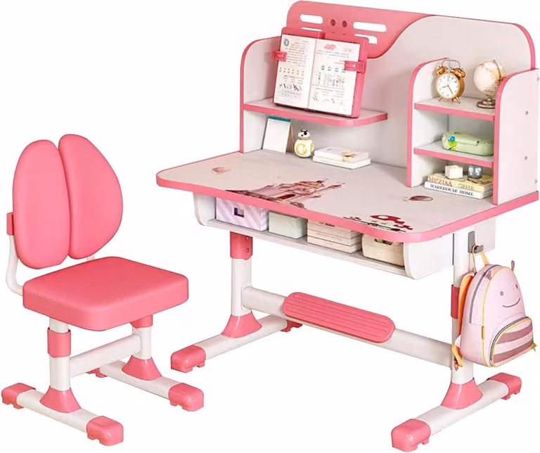 Kinder Studiebureau met Stoel Set - In Hoogte Verstelbaar - Roze - B: 80 cm, H: 111 cm