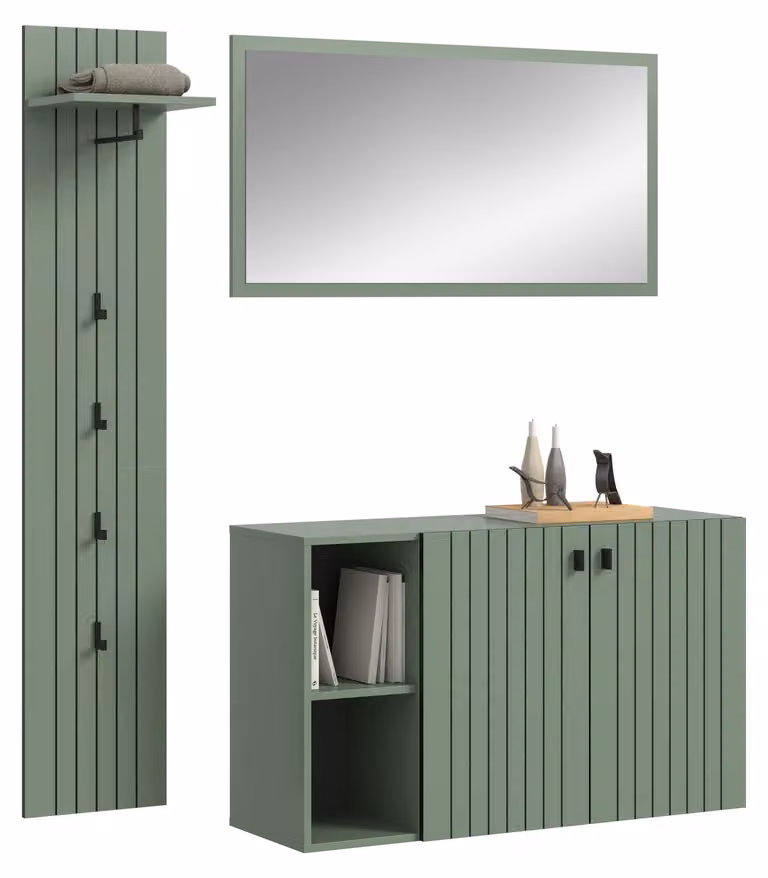 home24 Station 3-delige halmeubelset met spiegel en schoenenkast, groen/zwart, H 152 x B 192 x D 37 cm