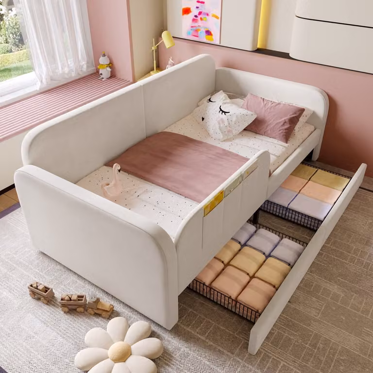Sweiko Kinderbed met veiligheidshek en 2 lades, Velvet, Wit, B/D: 90 x 200 cm