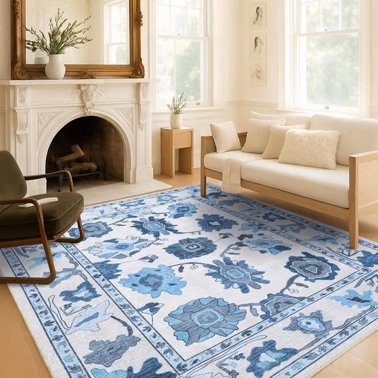 Oosters Vloerkleed met Bloemenontwerp - Marineblauw - Polyester - Rechthoekig