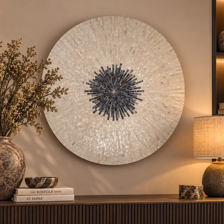 PTMD Wandornament Vojtech Wit en Blau, Rond Bamboo, Diameter: 90 cm