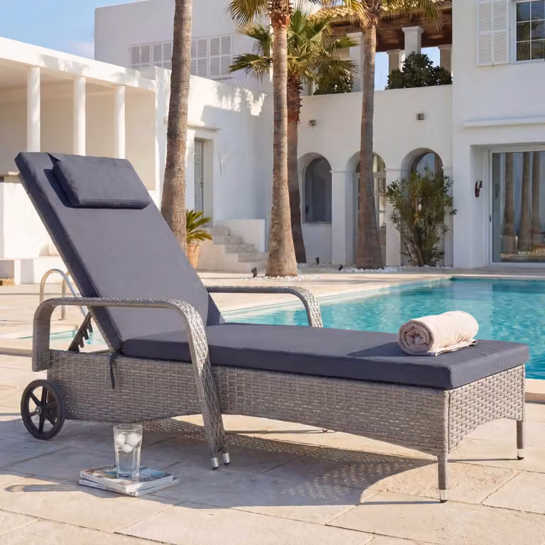 Mendler Poly-Rattan ligbed Carrara relaxstoel voor de tuin met donkergrijs kussen, aluminium, grijs