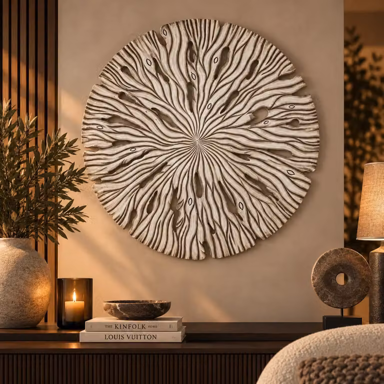 PTMD Wandornament Abstract Wavy Rond - Wit/Beige - Ø 120 cm