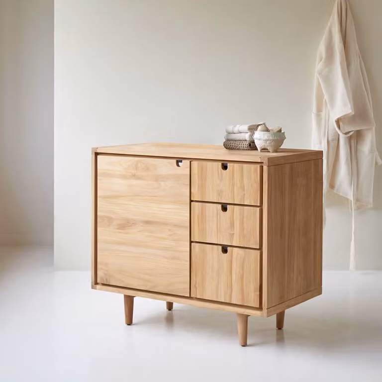 Jonàk Opbergmeubel van massief teak met deuren en laden, Bruin, B: 93 cm, D: 50 cm, H: 80 cm