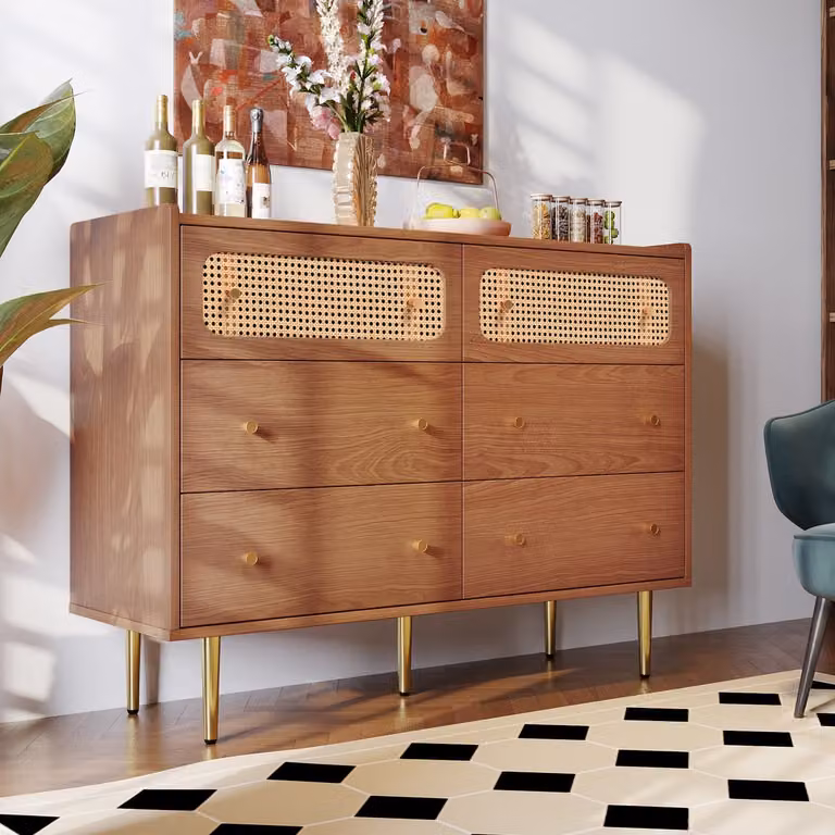 Wishdor Ladekast met 6 Lades en Rotan Fronten in Walnootkleur - B/D/H: 120 x 40 x 90 cm