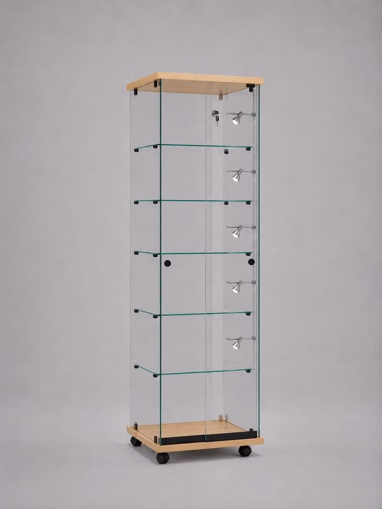 Volglas vitrine Elegance 5RV met railverlichting in beuken met glazen deuren