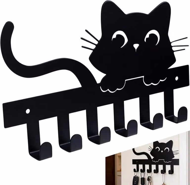 Sleutelhanger met kattenmotief en haakjes, zwart wandrekje van robuust metaal, 20 cm