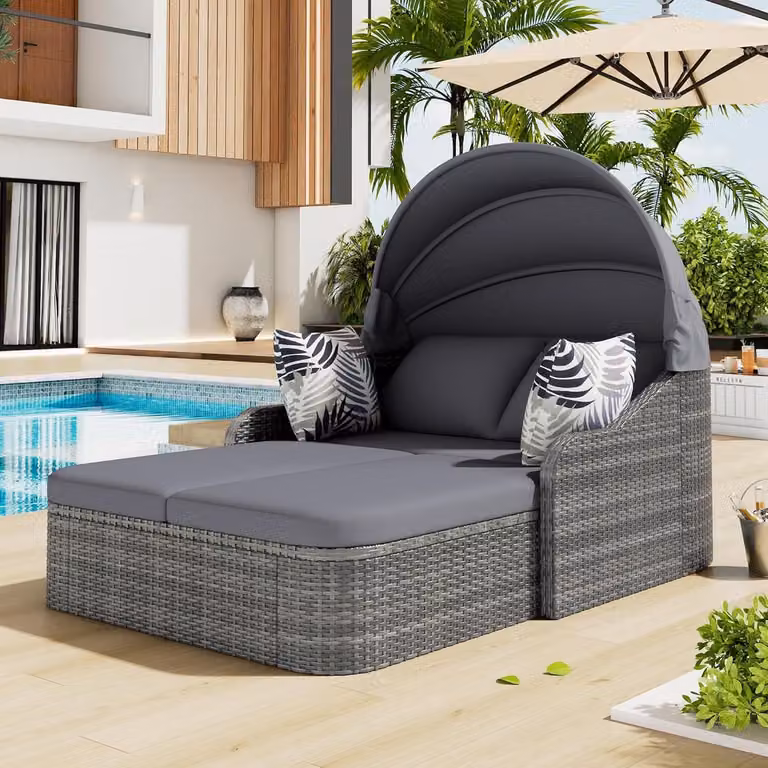 Laura Zonne-eiland Loungeset met Verstelbaar Dak en Kussens, Grijs, B/D/H: 203 x 120 x 126 cm