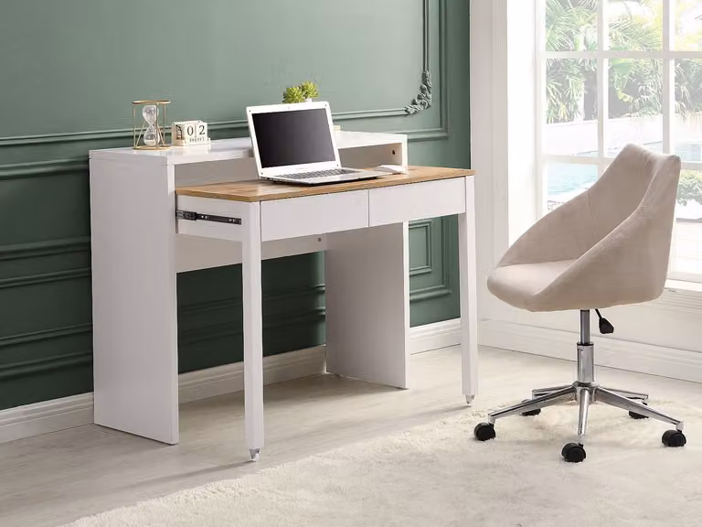 LOAVIA Uitschuibaar console-bureau met 2 lades en wieltjes - Wit en naturel
