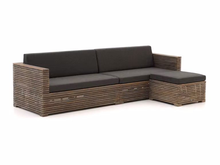 ROUGH Furniture Chaise longue loungeset voor 3 personen, Old Teak, Grijs