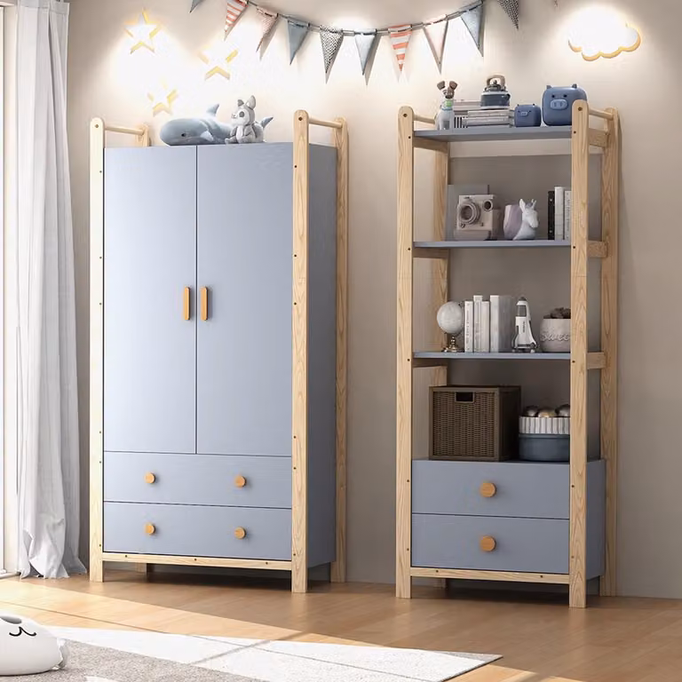 Pugsdrly Kast voor kinderkamer met dubbele draaideuren, lades en kledingroede, blauw en natuurlijk hout, Hoogte: 180,5 cm
