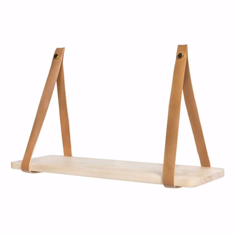 QUVIO Wandplank met leren riemen - Hout en PU leer - B/D/H: 50 x 25 x 16 cm