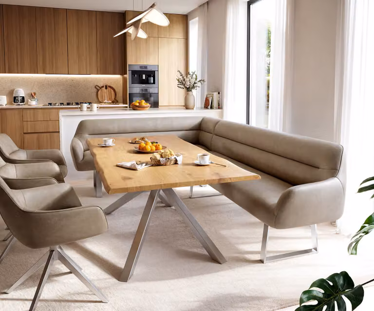 DELIFE Taya-Flex Eetkamerbank in beige microvezel met links geplaatste L-vorm en roestvrij stalen frame, B/D/H: 282 x 104,8 x 87 cm